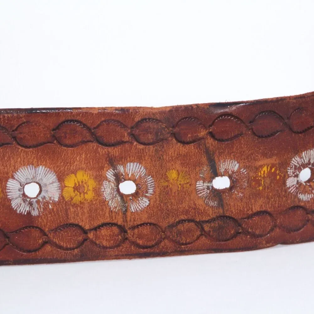 Cesar Ugarte Vintage Boho Western Painted Flower Hand Tooled Leather Belt, 30